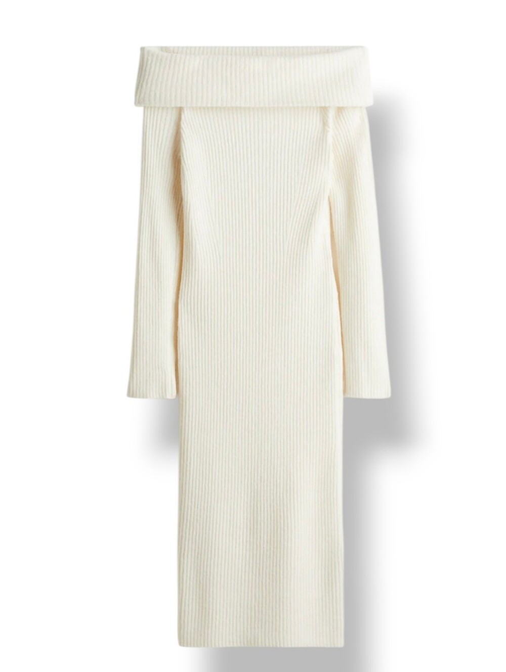 H&M Women Off-Shoulder Stretch Ribbed Knit Midi Dress in Cream Size Small